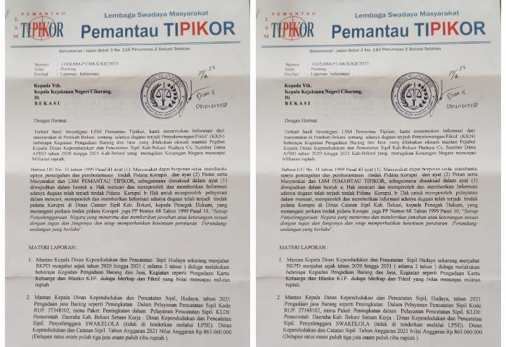  Dugaan Kasus Korupsi Anggaran Pengadaan Peningkatan Pelayanan Pencatatan Sipil Disukcapil Bekasi, Resmi Dilaporkan LSM TIPIKOR