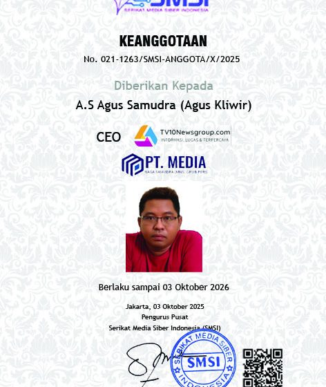  Agus Kliwir Resmi Terima Sertifikat Keanggotaan SMSI, TV10Newsgroup Perkuat Kiprah di Media Siber