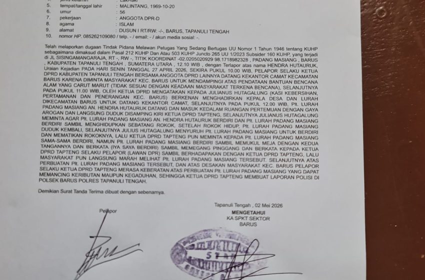  Ketua DPRD Tapteng Laporkan Plt Lurah ke Polisi, Dugaan Perlawanan Saat Mediasi Bantuan Bencana