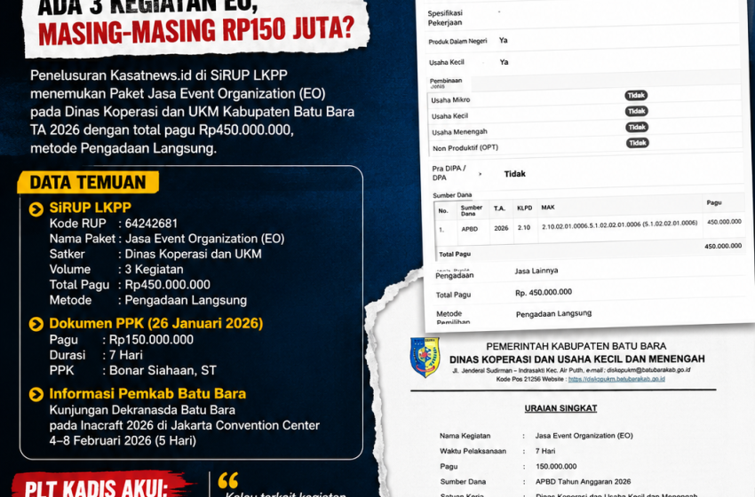  EO Rp450 Juta Dinas Koperasi Batu Bara TA 2026 Disorot, Plt Kadis Akui Paket Rp150 Juta Telah Selesai, Sejumlah Kejanggalan Dipertanyakan
