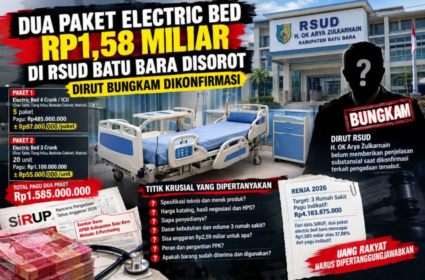  Dua Paket Electric Bed Rp1,58 Miliar Ta 2026 di RSUD Batu Bara Disorot, Dirut Bungkam Dikonfirmasi?
